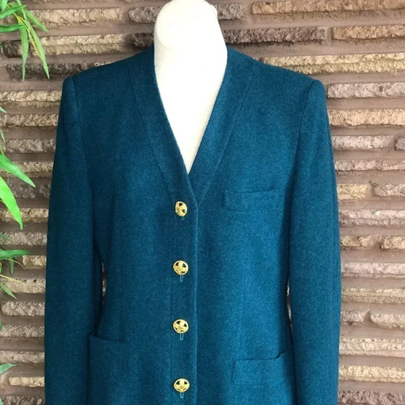 Sanyo I Magnin Vintage 80s Teal Boucle Wool Tunic Blazer Jacket NEW Old Stock - Picture 2 of 10